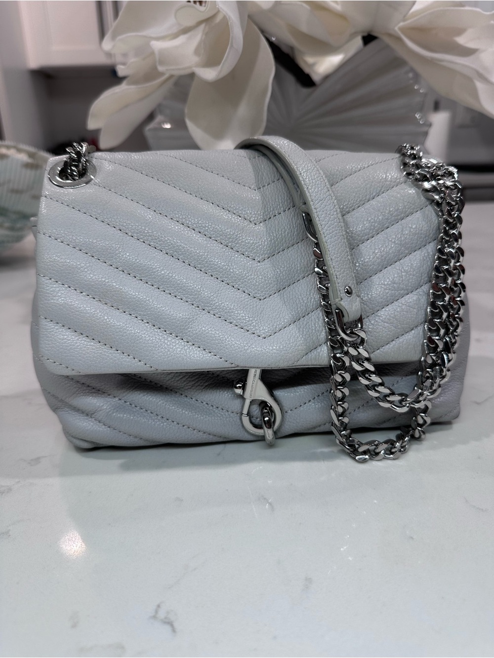 Rebecca Minkoff Gray Chevron Quilted Leather Crossbody Shoulder Bag Silver Chain